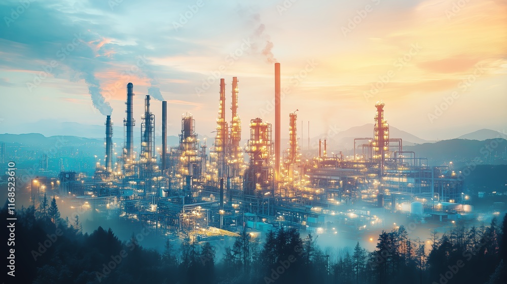 Fototapeta premium factory, industry, oil, refinery, plant, industrial, pollution, sunset, power, gas, chemical, energy, sky, chimney, smoke, night, tower, environment, silhouette, river, city, landscape, sunrise, fuel,