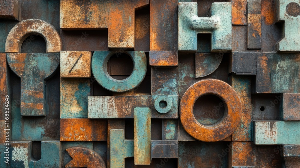 An artistic depiction of industrial safety symbols, weathered and arranged in a geometric pattern An artistic depiction of industrial safety symbols, weathered and arranged in a geometric pattern