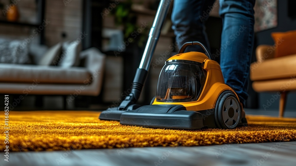 Fototapeta premium Person vacuuming a mustard yellow carpet in a living room.