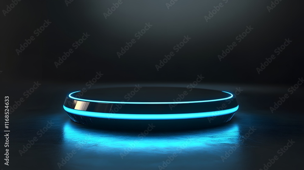 Futuristic Circular Platform With Blue Neon Lighting