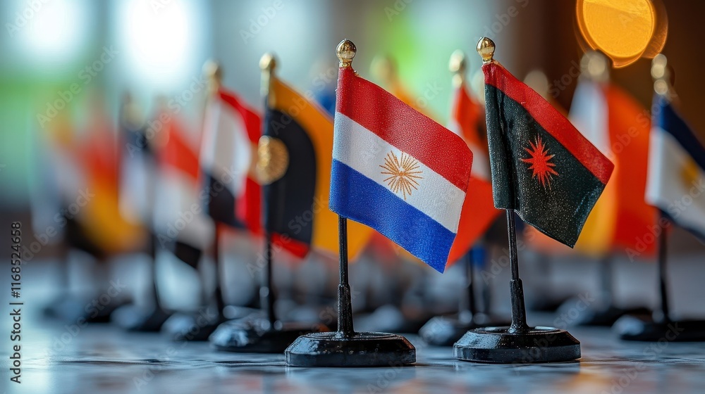 Close-up of numerous small international flags on table. Close-up of numerous small international flags on table.