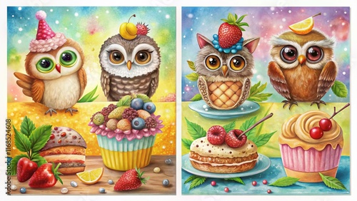 Cute Owl Greeting Cards Food Photography Set: Whimsical Designs with Delicious Treats photo