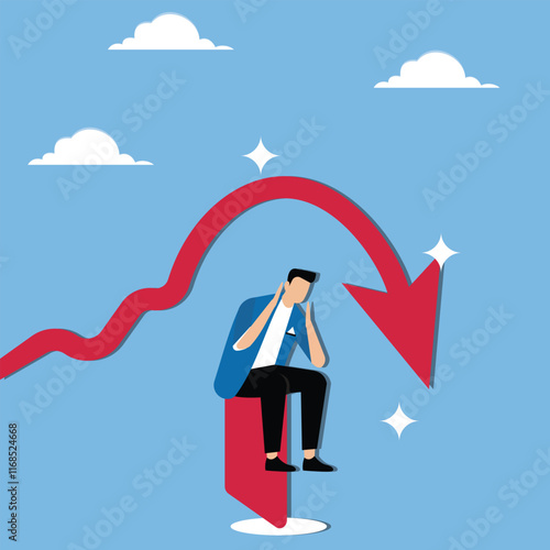 Standing businessman pierced in the body by falling arrows, loss of investment, business or economic recession, stock market decline, victim of financial risk or business crisis