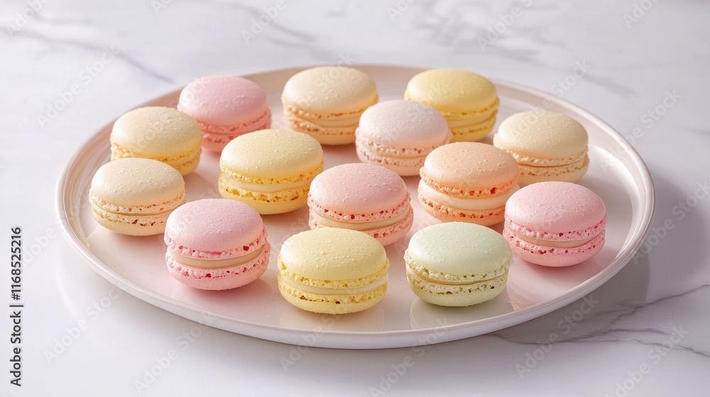 Delightful pastel macarons arranged on plate, perfect for any occasion Delightful pastel macarons arranged on plate, perfect for any occasion