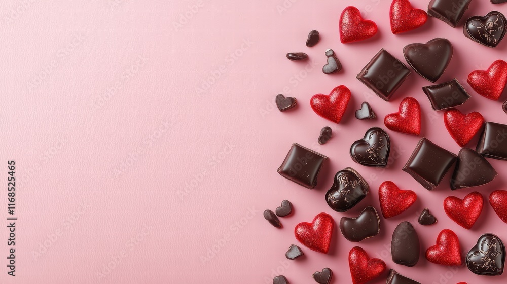 Valentine's Day banner with red hearts, chocolate, and gift boxes on a pink background Valentine's Day banner with red hearts, chocolate, and gift boxes on a pink background