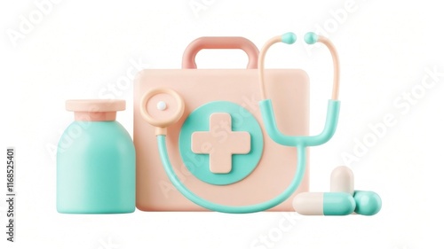 Wallpaper Mural A colorful toy medical kit featuring a stethoscope, a pill bottle, and capsules, ideal for imaginative play and learning about healthcare. Torontodigital.ca