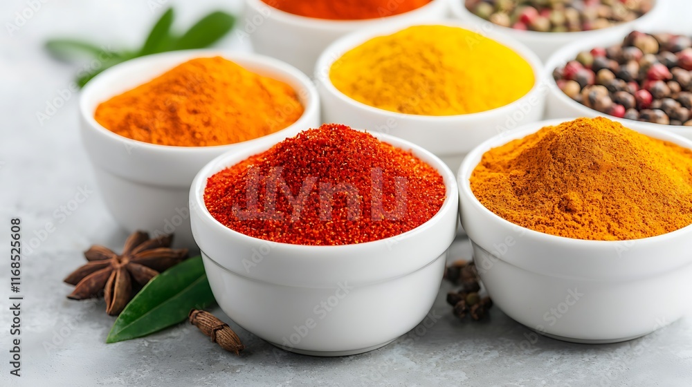Colorful spice powders in bowls. Colorful spice powders in bowls.