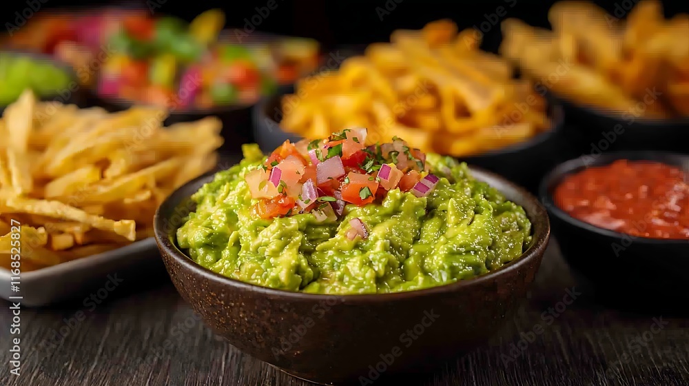 Bowl of guacamole with various dips, tortilla chips, and salsa. Bowl of guacamole with various dips, tortilla chips, and salsa.