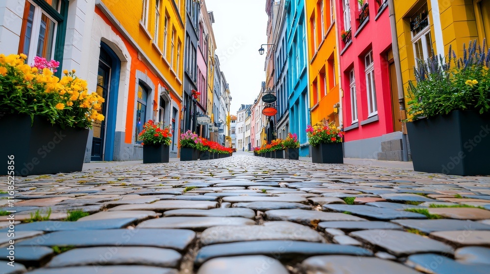 Fototapeta premium Colorful Cobblestone Street with Flower Pots in a Charming Town
