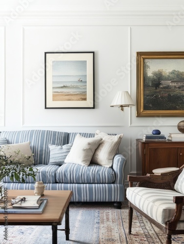 Coastal Living Room Decor Features Blue Striped Sofa and Artwork