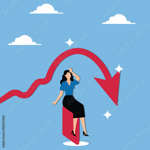 Standing businesswoman pierced in the body by falling arrows, loss of investment, business or economic recession, stock market decline, victim of financial risk or business crisis