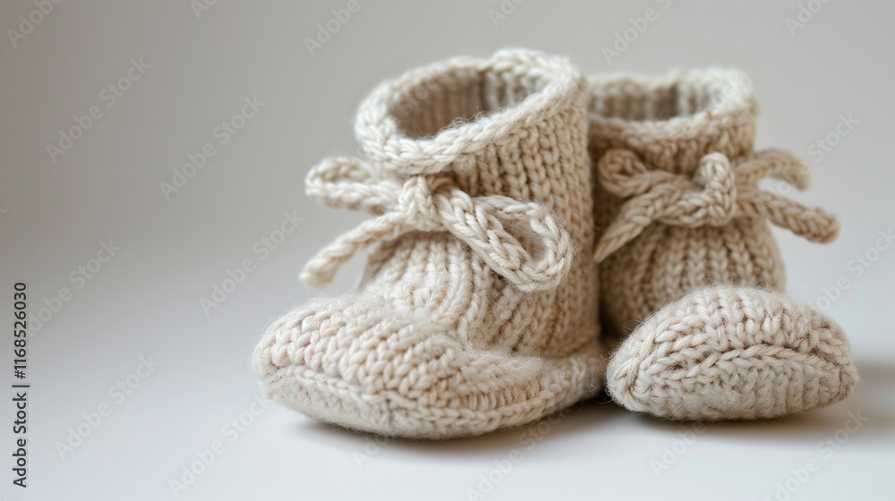 A duo of beige knitted baby booties with cozy wool textures, neatly displayed on a seamless white backdrop. A duo of beige knitted baby booties with cozy wool textures, neatly displayed on a seamless white backdrop.