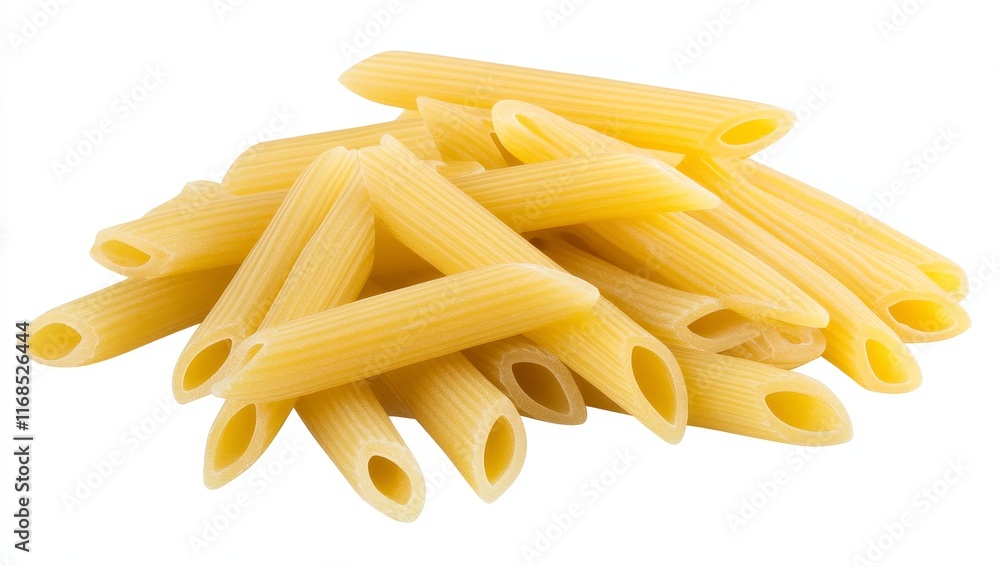 Close-up of uncooked penne pasta on white background. Close-up of uncooked penne pasta on white background.