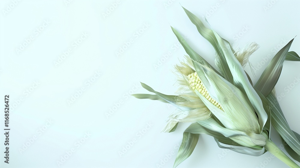 Obraz premium A fresh ear of corn with green husks partially peeled back, isolated on a white background.
