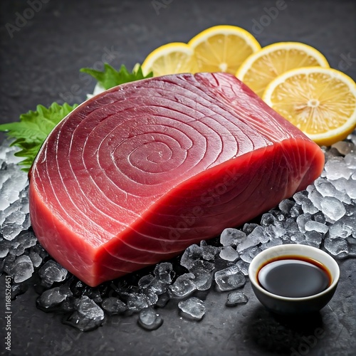 A close-up of a raw tuna steak on a bed of ice, showcasing its vibrant red color. raw tuna, tuna steak, sashimi, sushi, sushi grade, seafood, fish, fresh, red meat, raw, Japanese food, Asian food, gou photo