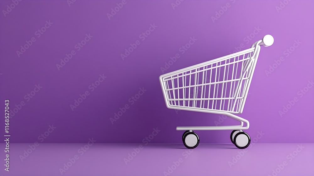 White Shopping Cart on Purple Background for Creative Projects White Shopping Cart on Purple Background for Creative Projects
