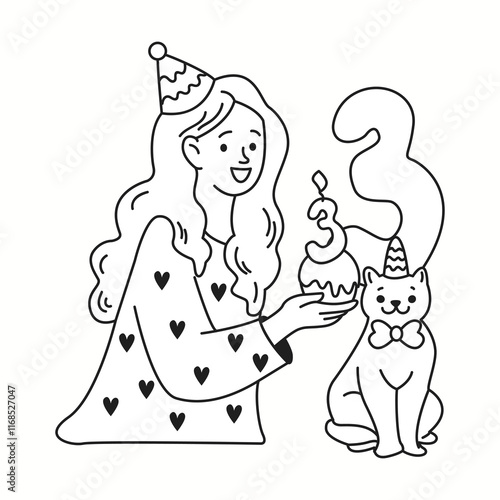 Woman celebrating cat third birthday linear icon. Happy lady in party cone giving cake to pet doodle character doodle thin line illustration