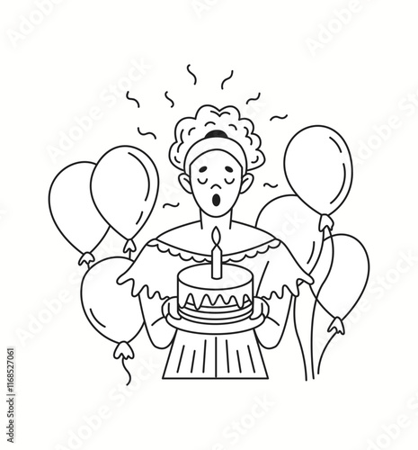 Birthday girth blowing candle on cake linear icon. Young woman celebrating b-day holiday doodle character doodle thin line illustration