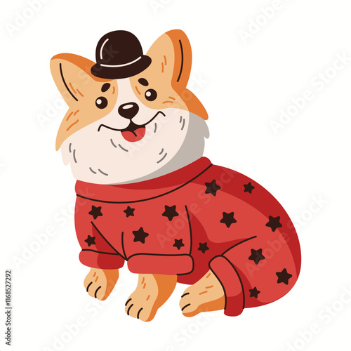 Happy corgi in jumpsuit and bowler hat flat color vector character. Small dog in funny clothing with star pattern illustration on white background