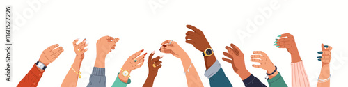 Multicultural people raising hands in imitation of holding glasses gestures flat color vector illustration. Men and women arms cartoon composition on white