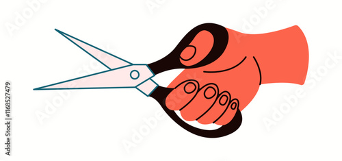 Hand holding tailor scissors flat color vector illustration. Person starting to cut fabric closeup cartoon icon on white background
