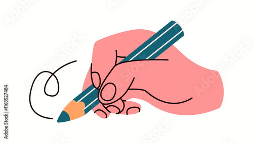 Hand drawing with pencil flat color vector illustration. Artist using crayon to create artwork closeup cartoon icon on white background