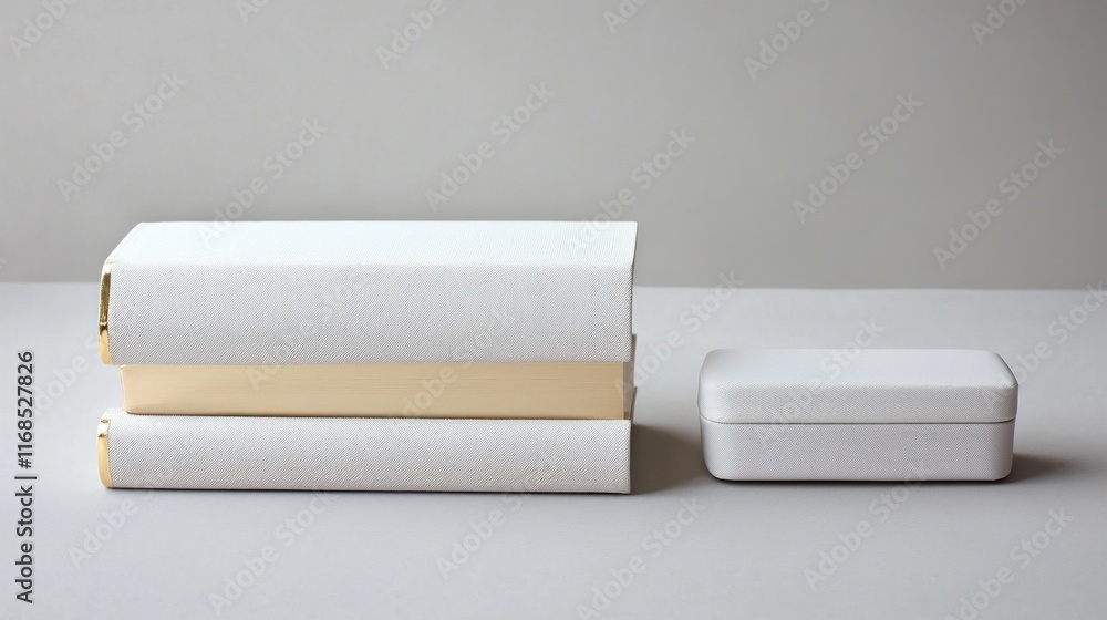 Minimalistic arrangement of books and a small box. Minimalistic arrangement of books and a small box.