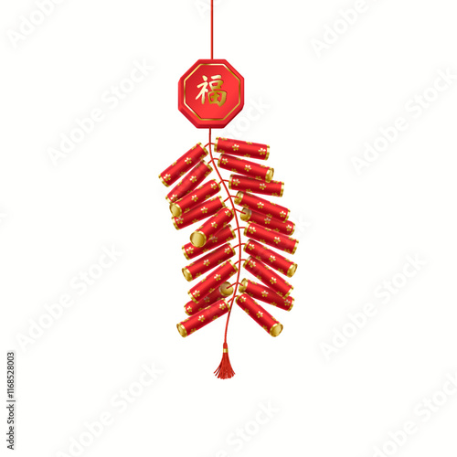 Red Asian firecrackers with happiness character realistic vector illustration. Chinese explosive holiday attribute 3d object on white. Inscription on the badge is “Luck”