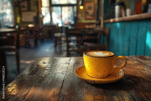 Warm cup of coffee on rustic wooden table with dried flowers in cozy cafe env...