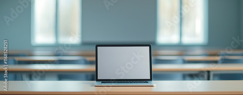 Wallpaper Mural laptop on desk in empty classroom with large windows and natural light Torontodigital.ca