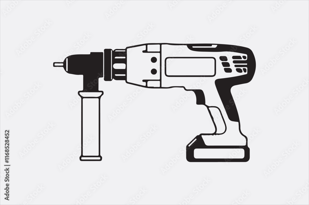 A minimalist black-and-white illustration of a cordless power drill focusing on clean lines and a modern design. A minimalist black-and-white illustration of a cordless power drill focusing on clean lines and a modern design.