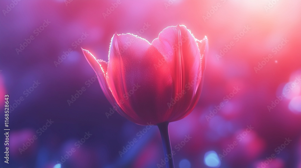 Obraz premium Close-Up of a Single Vibrant Tulip in Full Bloom with Soft Pink and Purple Bokeh Background - Perfect for Floral Art, Nature Photography, and Spring Themes