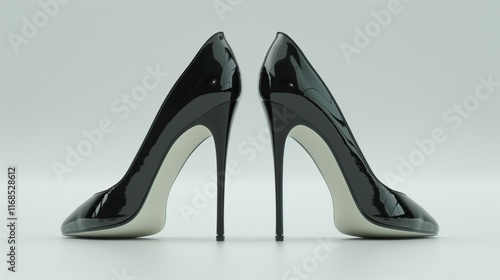 A pair of elegant black high heels with glossy finishes, placed side by side on a clean white background.