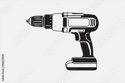 A minimalist black-and-white illustration of a cordless power drill focusing on clean lines and a modern design.