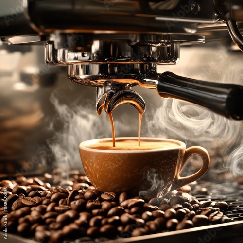 Espresso poruing from coffee machine at cafe