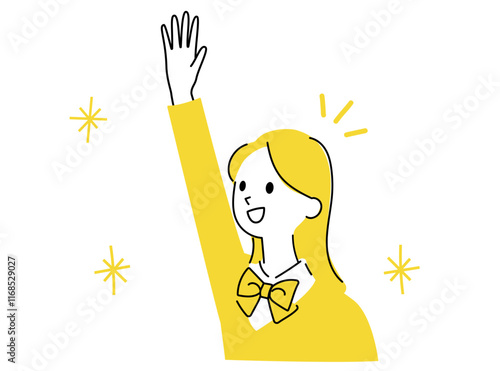 手を挙げる女子高生　女性のイラスト