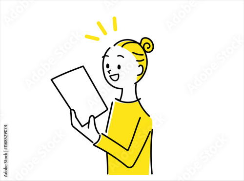 書類を見て喜ぶ女性のイラスト