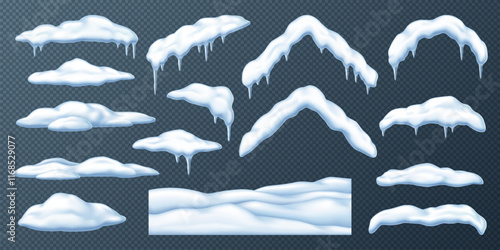 Snow piles caps snowdrifts and icicles realistic color icons set. Winter wonderland decorations 3d objects bundle on transparent background