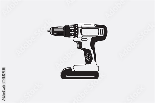 A minimalist black-and-white illustration of a cordless power drill focusing on clean lines and a modern design.