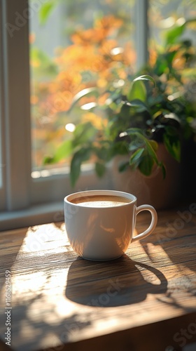 Warm coffee cup resting on wooden table by the window in cozy cafe setting