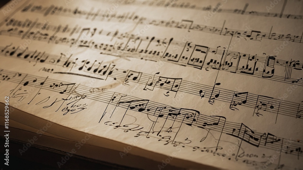 Fototapeta premium Close-up of aged musical sheet music with handwritten notes and annotations