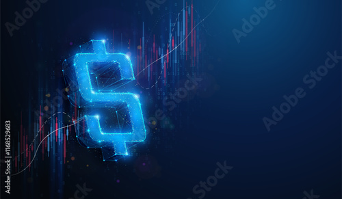 Abstract illustration of low poly USD Dollar sign over stock market data graph. Blue geometric background depicting USA currency rate exchange growth financial concept by wireframe mesh