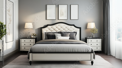 A middle-class family clean simple high-end bedroom, mainly black, supplemented by gray and a small amount of white, furniture bed is quite textured, there is a clean wall, simple carpet.