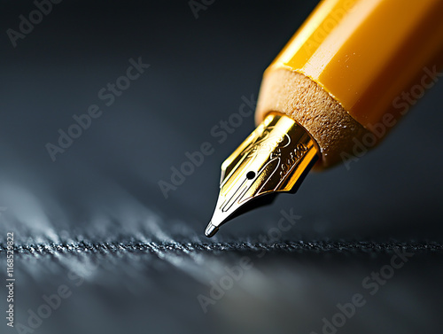 close up of fountain pen nib writing on textured black paper, showcasing precision and elegance photo