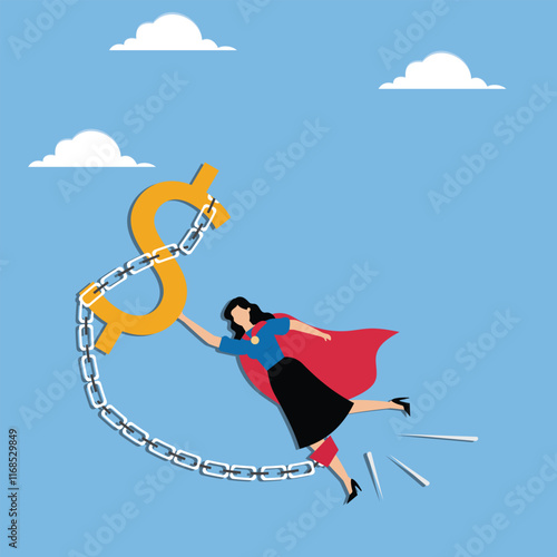 Heroes trapped by money, debt problems or financial problems, business or career crises, businesswomen flying in capes and huge dollar signs locked together