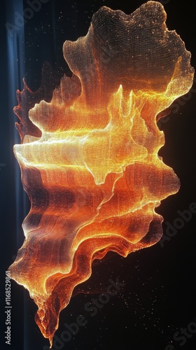 Abstract orange wave pattern with glowing particles in a dark setting