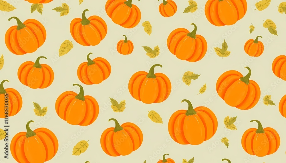 Orange Pumpkin and Green Leaves Seamless Pattern Orange Pumpkin and Green Leaves Seamless Pattern