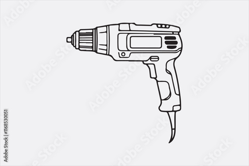 A minimalist black-and-white illustration of a cordless power drill focusing on clean lines and a modern design.