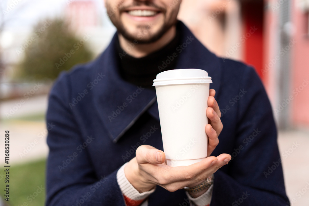 Close up of happy young man in black coat showing paper caup with coffee outdoors Close up of happy young man in black coat showing paper caup with coffee outdoors