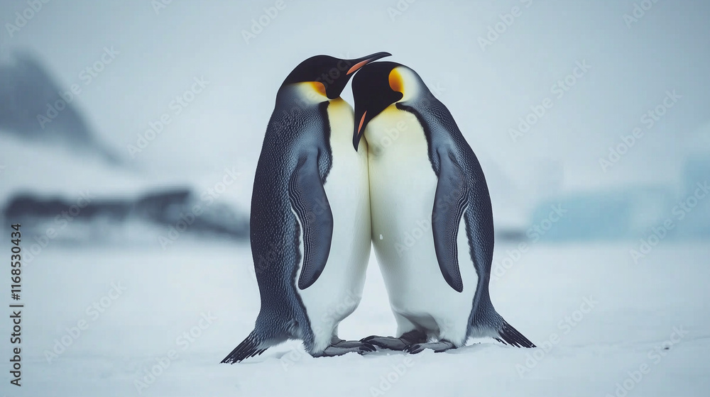 Obraz premium King penguin, couple hugging in the wild, snow and ice. Bird behavior, wildlife scene from nature, South Georgia, Antarctica.